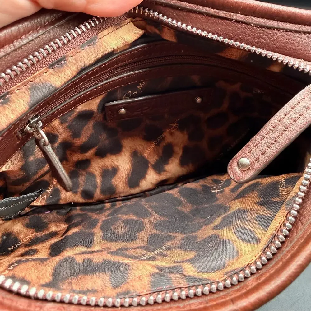 B Makowsky Brown Leather Crossbody Bag Studded Ruched Pocket Purse